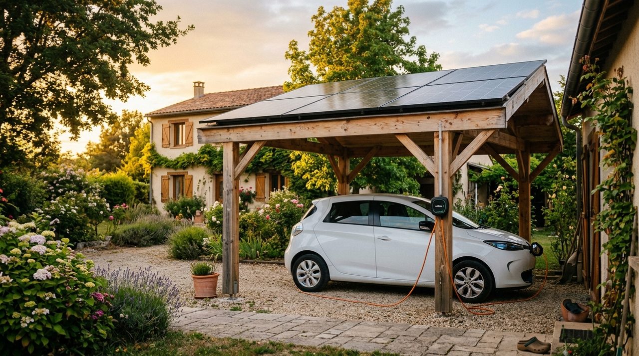 Carport solaire DIY en bois abritant une voiture électrique