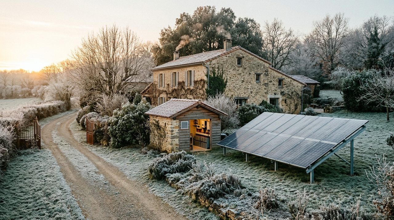 Maison française avec installation solaire et batteries en hiver