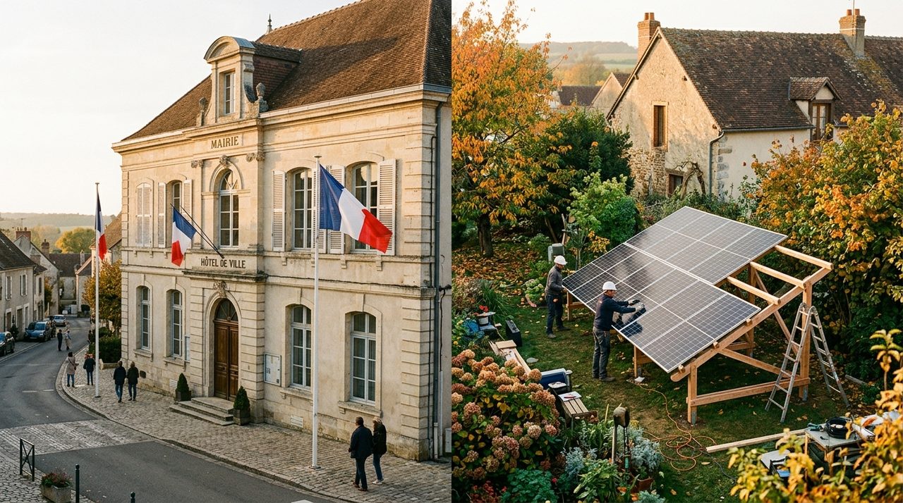 Mairie française et installation solaire dans un jardin