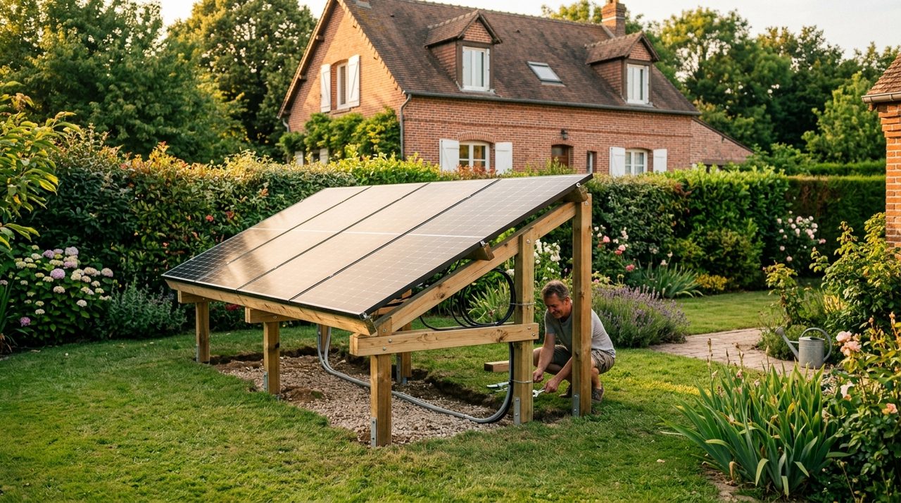 Installation solaire au sol dans un jardin en France, structure bois DIY