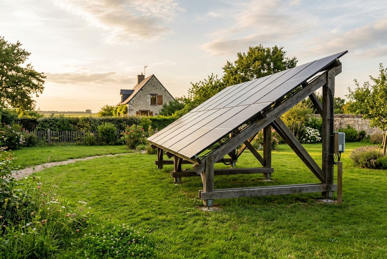 Panneaux solaires au sol sur support bois dans un jardin du Loiret