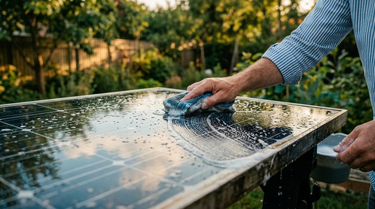 Nettoyage manuel d'un panneau solaire à la brosse et l'eau