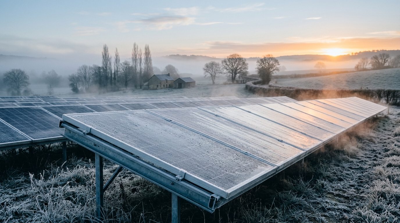 Panneaux solaires givrés au lever de soleil