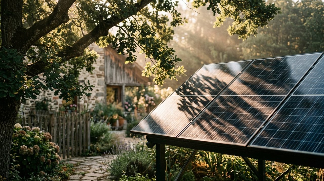 Panneau solaire partiellement ombragé par un arbre le matin
