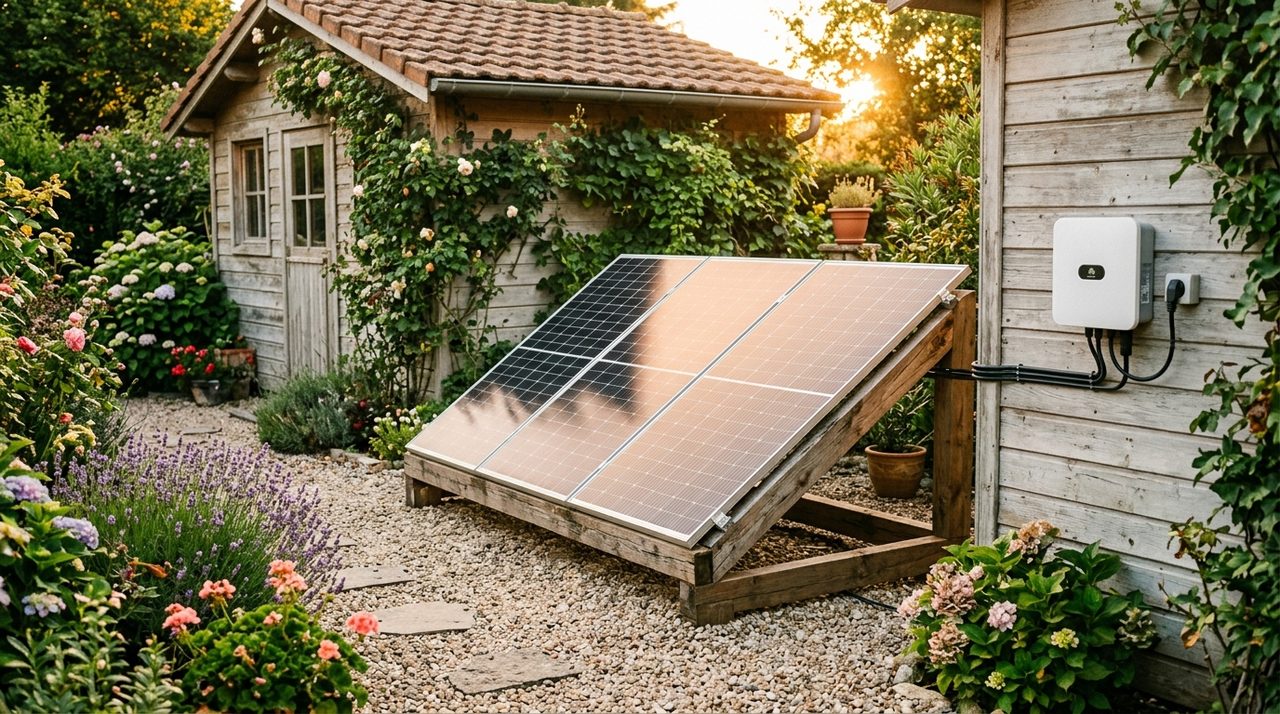 Trois grands panneaux 500W sur support bois dans un jardin