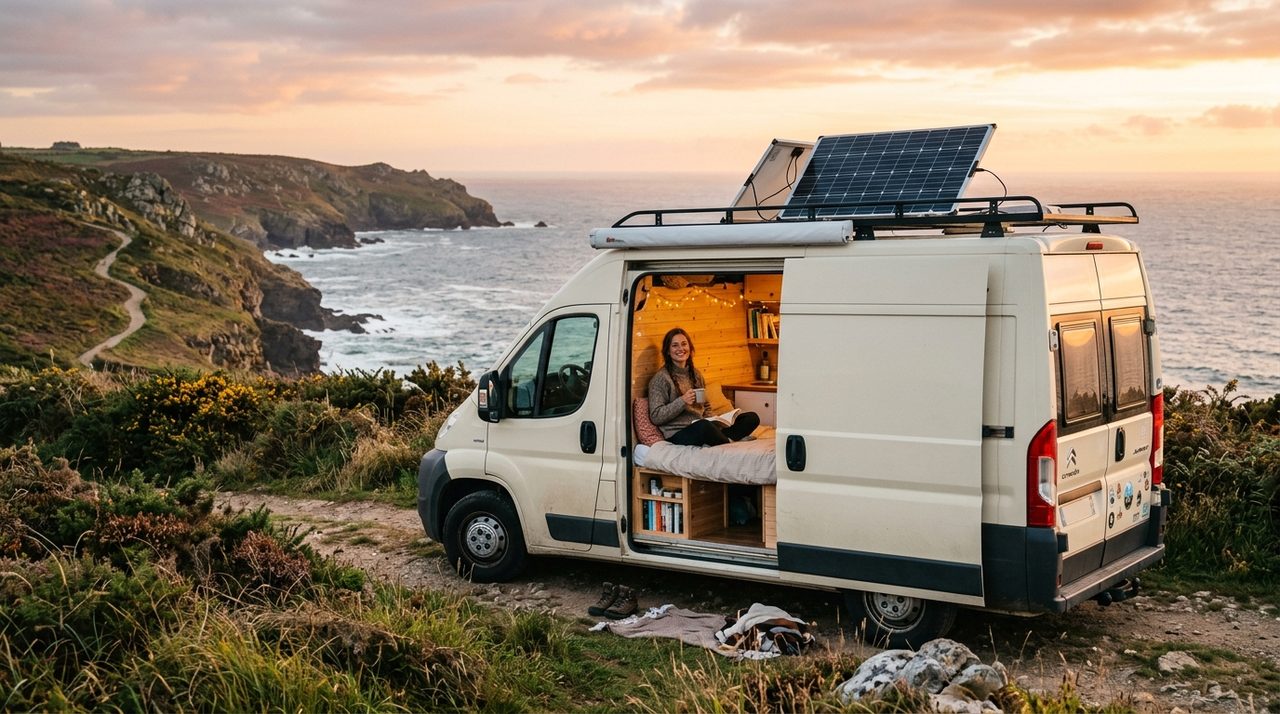 Van aménagé avec panneaux solaires sur le toit en bord de côte