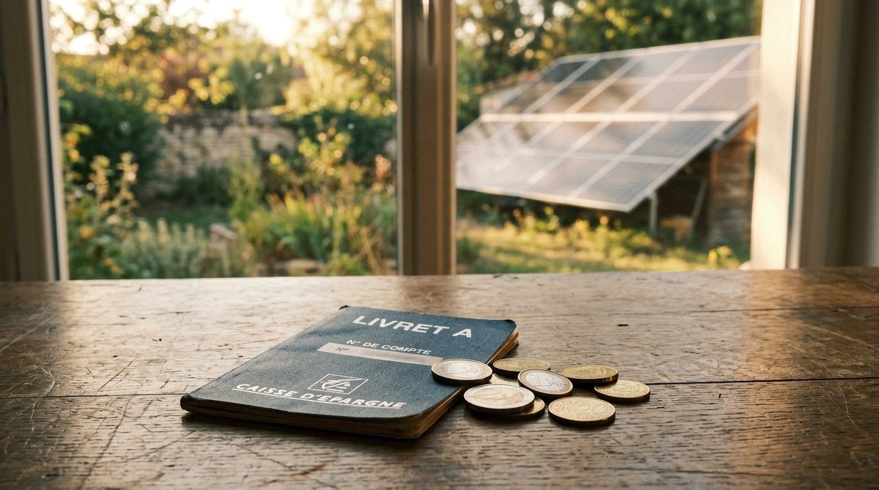 Livret A français posé sur un bureau, panneaux solaires en arrière-plan