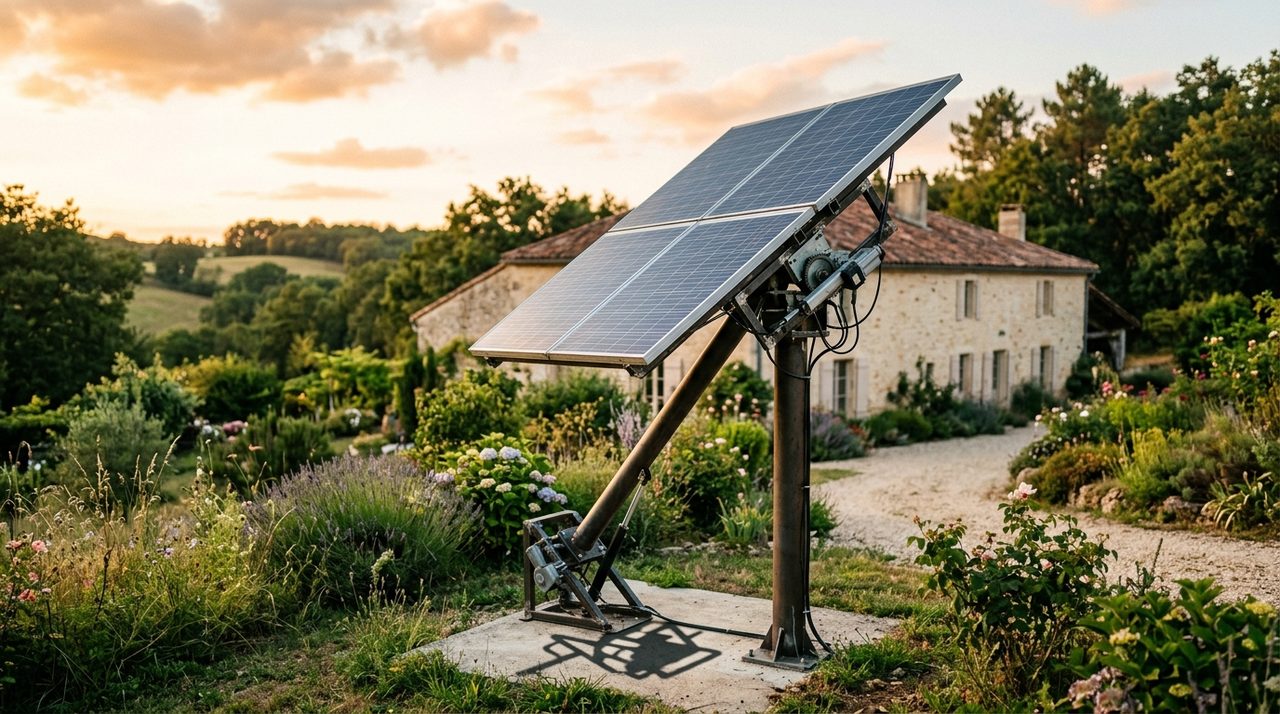 Tracker solaire bi-axe motorisé dans un jardin de campagne