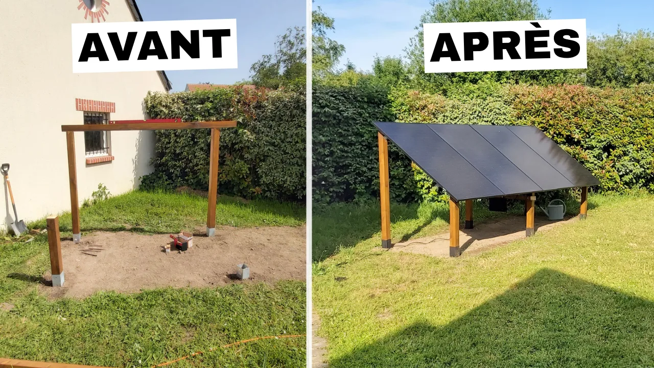 Avant / après : structure bois nue dans le jardin, puis support terminé avec 4 panneaux solaires installés