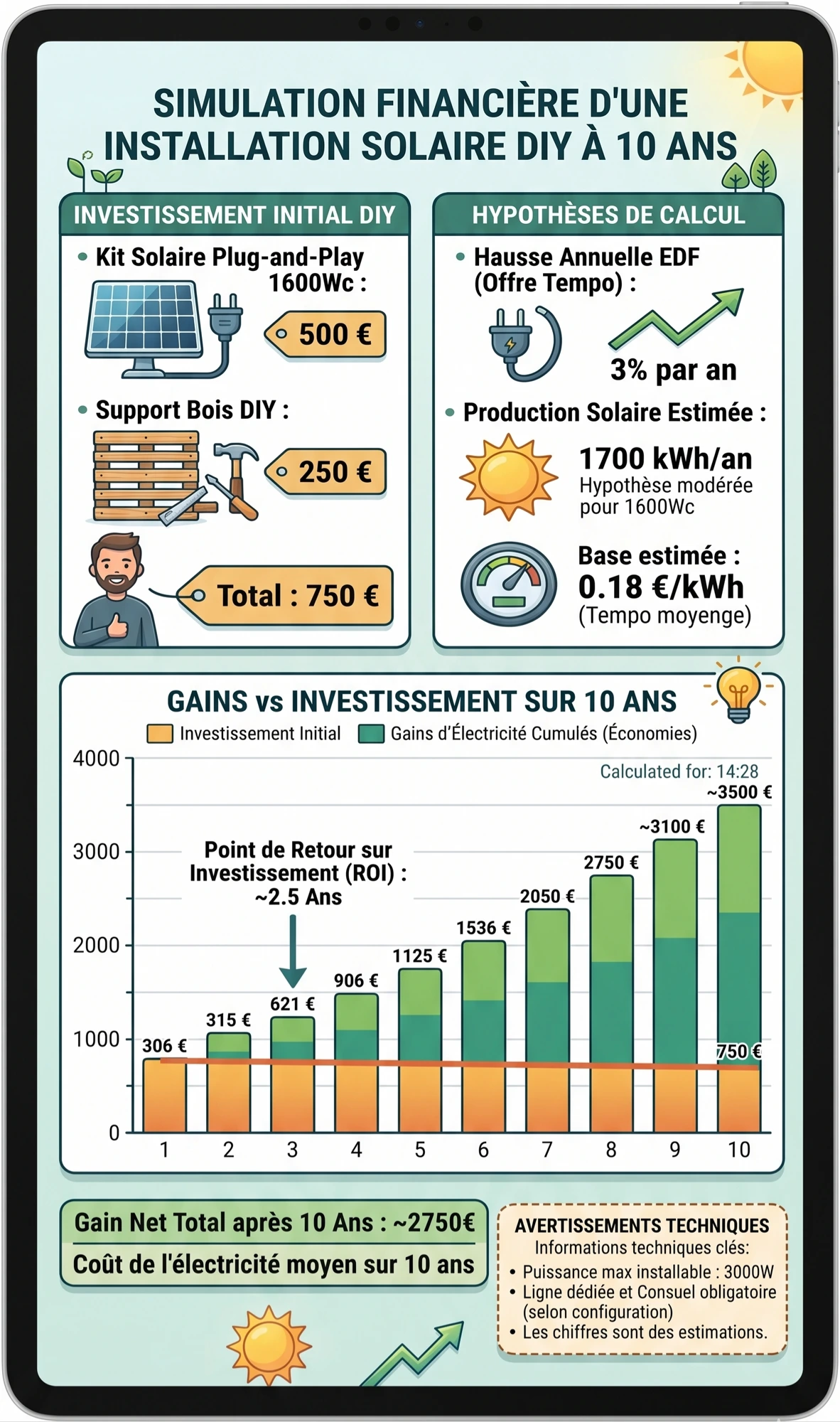 Simulation financière sur 10 ans d’une installation solaire DIY : 750 € investis, retour sur investissement en 2,5 ans, environ 2 750 € de gain net
